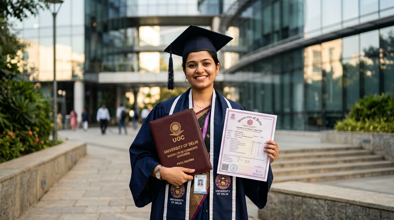 Graduate holding UGC accredited degree certificate and marksheet verifying Get My Degree validity for government jobs
