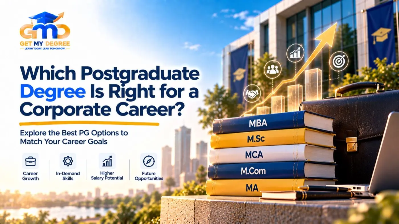 Corporate professional reviewing postgraduate master degree options including MBA, M.Com, and MCA
