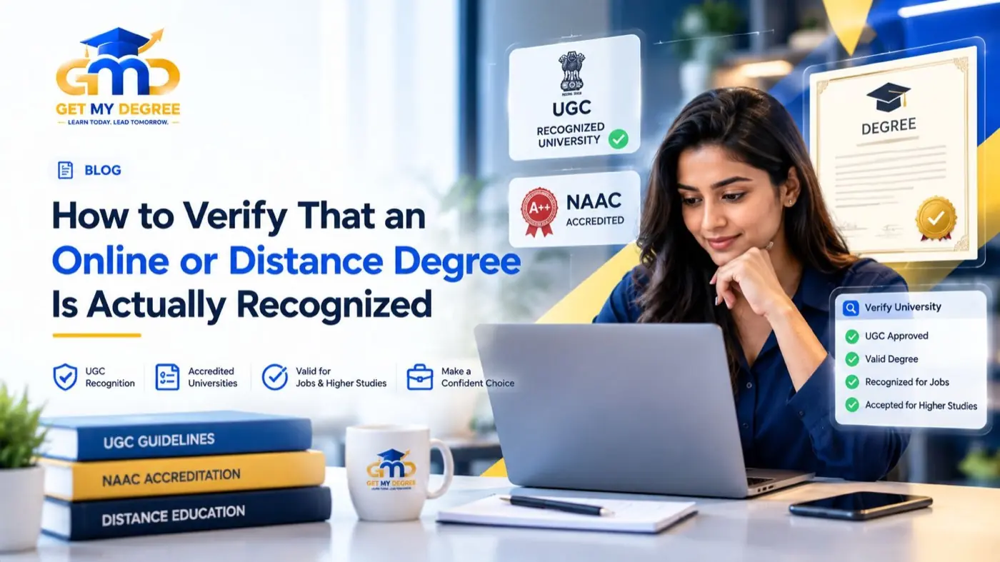 Verifying university UGC DEB distance education bureau recognition status on official portal laptop screen — GetMyDegree guide
